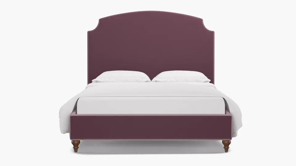 Cove Bed, Lavender Performance Plush Velvet, Walnut Decorative Tapered Leg, King