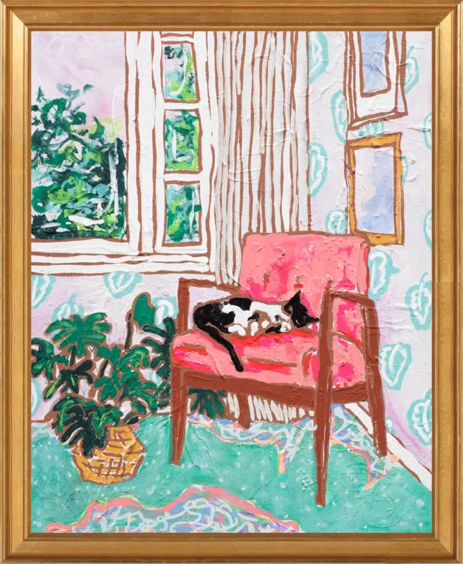 Cat Nap: Tuxedo Cat Napping in Mid-Century Chair by Lara Lee Meintjes for Artfully Walls