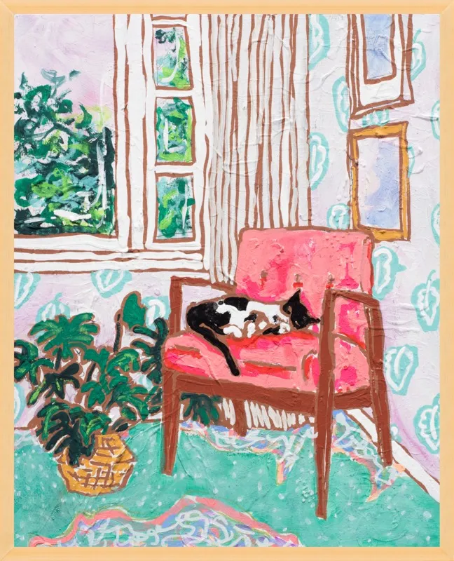 Cat Nap: Tuxedo Cat Napping in Mid-Century Chair by Lara Lee Meintjes for Artfully Walls