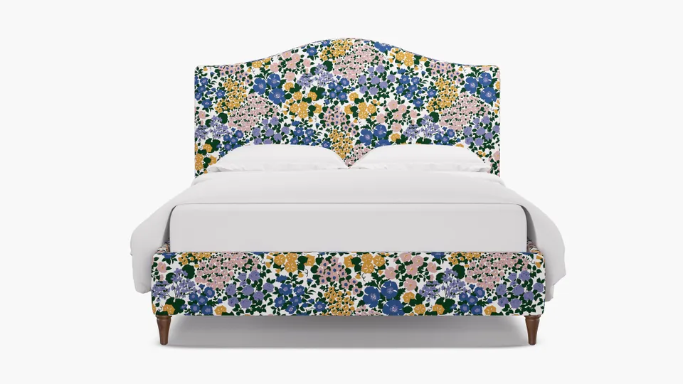 Camelback Bed, Lavender Million Flowers, Walnut Decorative Tapered Leg, King