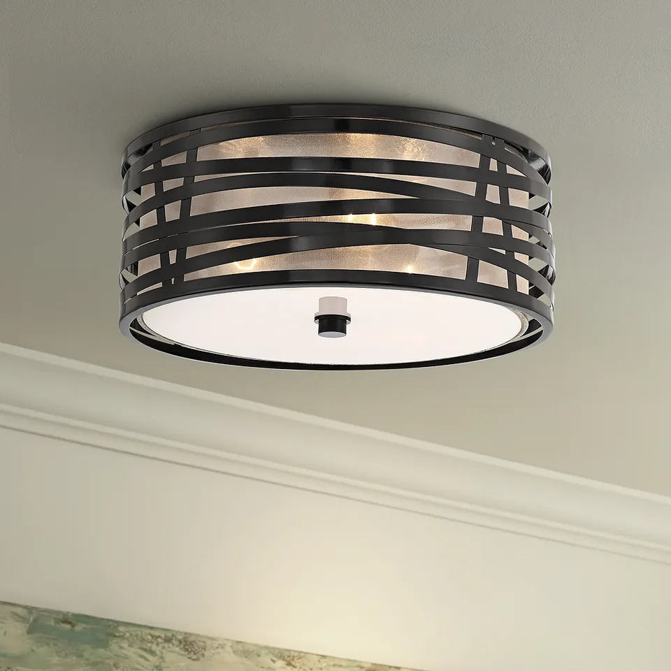 Possini Euro Cassia 15" Gloss Black 3-Light Flushmount Ceiling Light