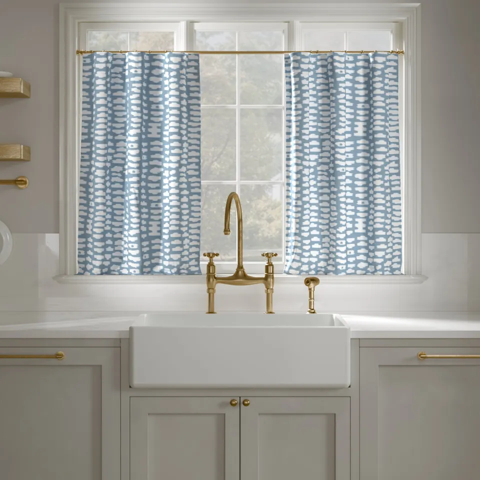 Printed Linen Café Curtain, Dusty Blue Odalisque, 25" x 24", Privacy