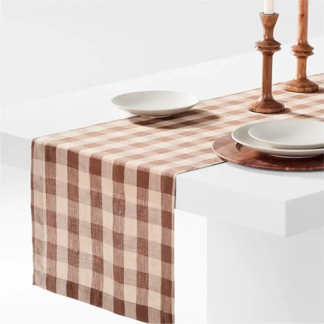 Marin 120" Brown and Natural Buffalo Check European Certified Linen Table Runner