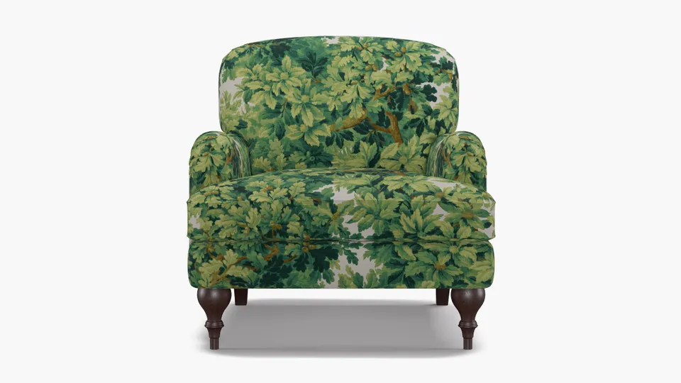 English Roll Arm Chair, Verdure Bois De Chene, Espresso Turned Wood Leg