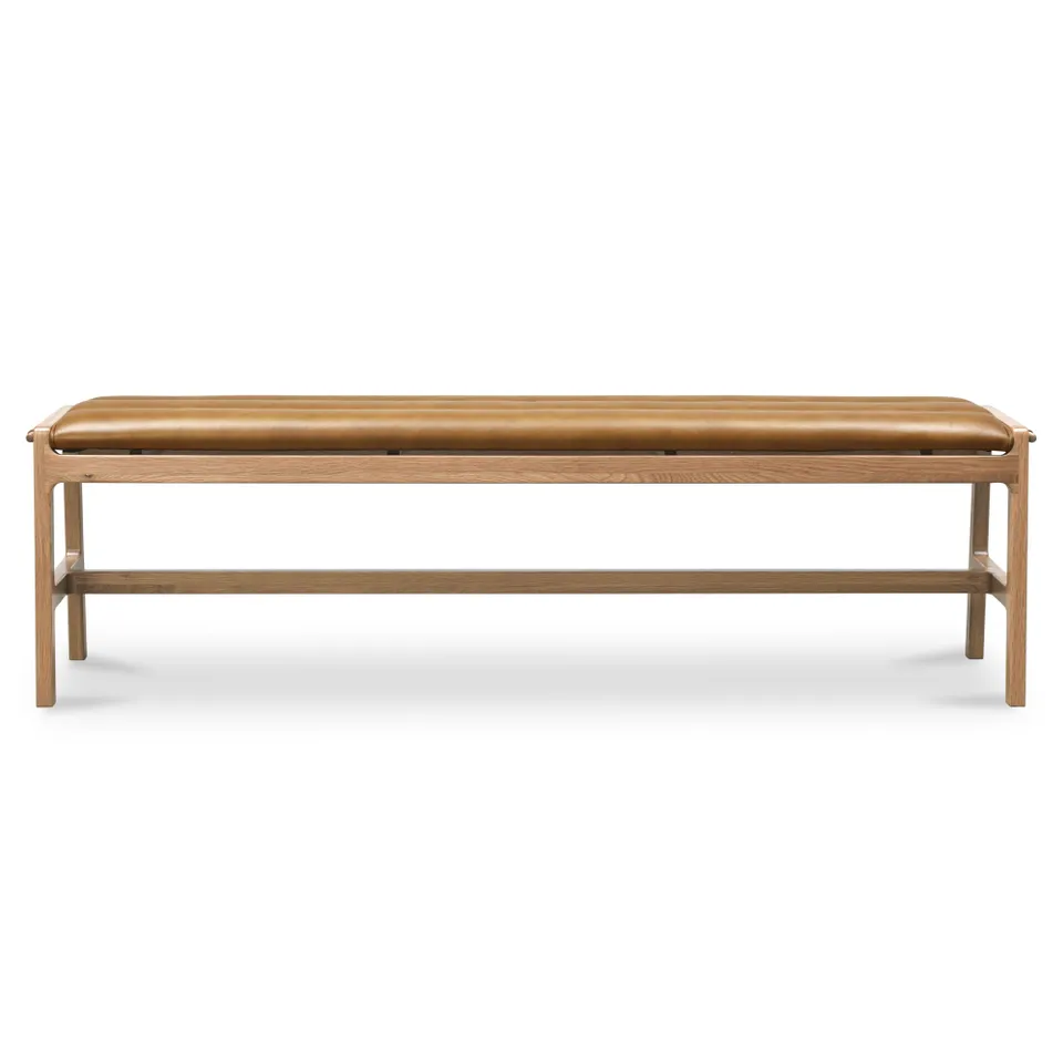 Aura Dining Bench 160 Cm Solid Oak Soap Lacquer Seat Camel Leather 2342