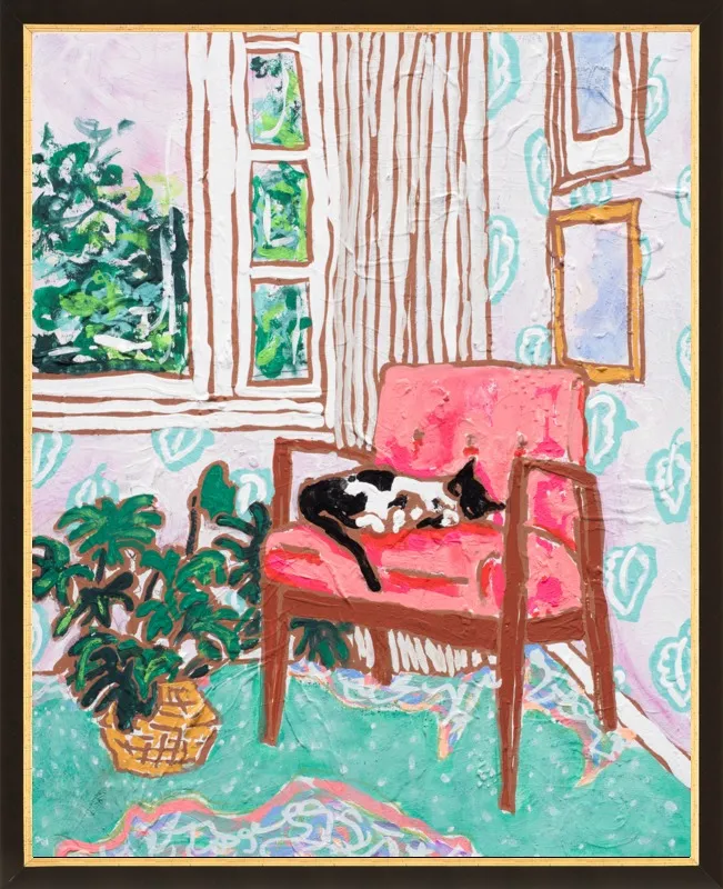 Cat Nap: Tuxedo Cat Napping in Mid-Century Chair by Lara Lee Meintjes for Artfully Walls