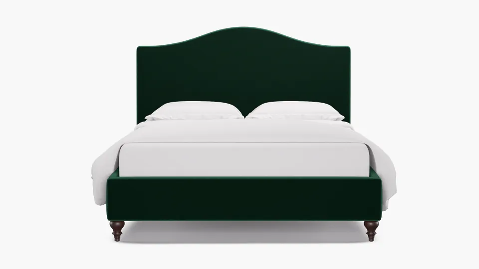 Camelback Bed, Spruce Performance Plush Velvet, Espresso Traditional Turned Leg, Twin
