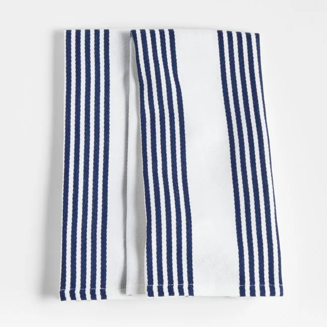 Cuisine White with Indigo Stripe Organic Cotton Kitchen Towels, Set of 2