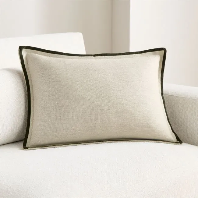 Linen with Velvet Trim 22"x15" Burnt Green Throw Pillow Cover with Down-Alternative Insert