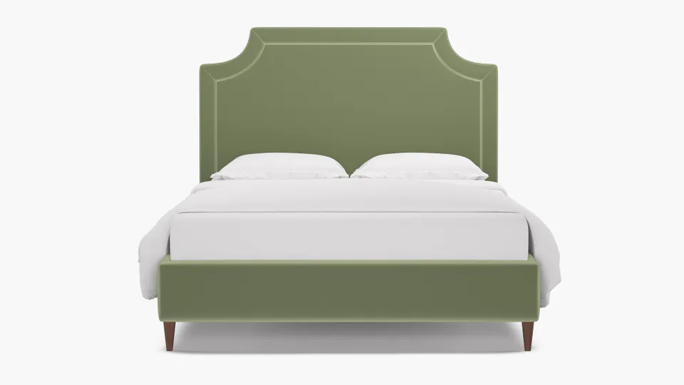Deco Bed, Celadon Performance Plush Velvet, Walnut Square Tapered Leg, King