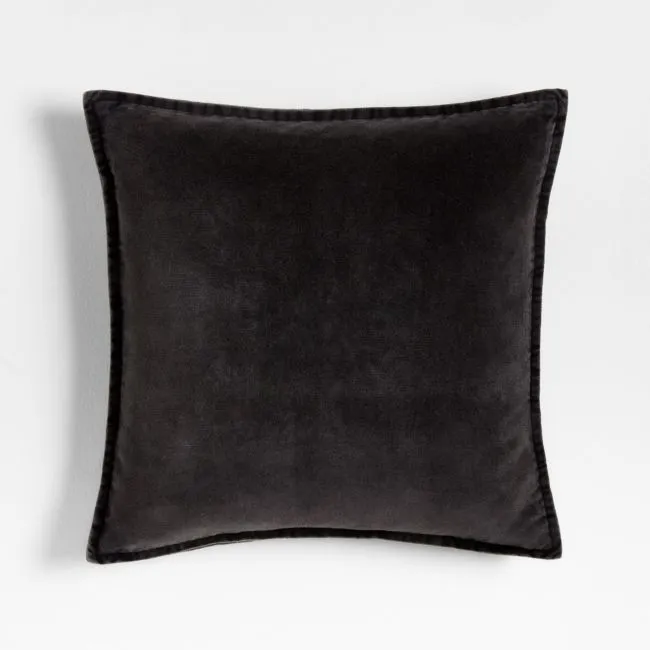 Relaxed Washed Organic Cotton Velvet 20"x20" Ink Black Throw Pillow with Feather Insert