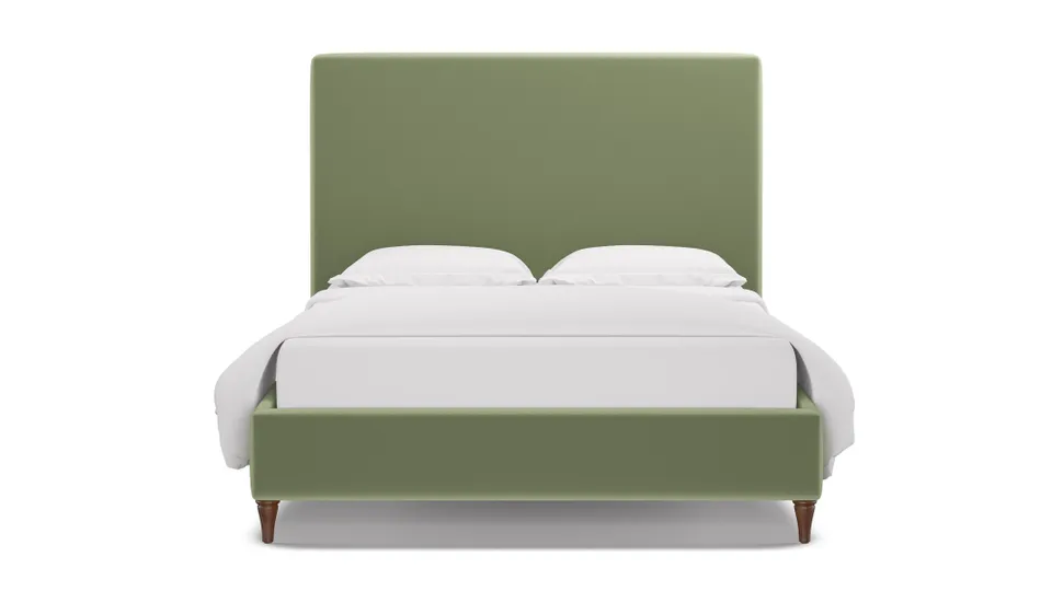 Classic Bed, Celadon Performance Plush Velvet, Walnut Decorative Tapered Leg, King