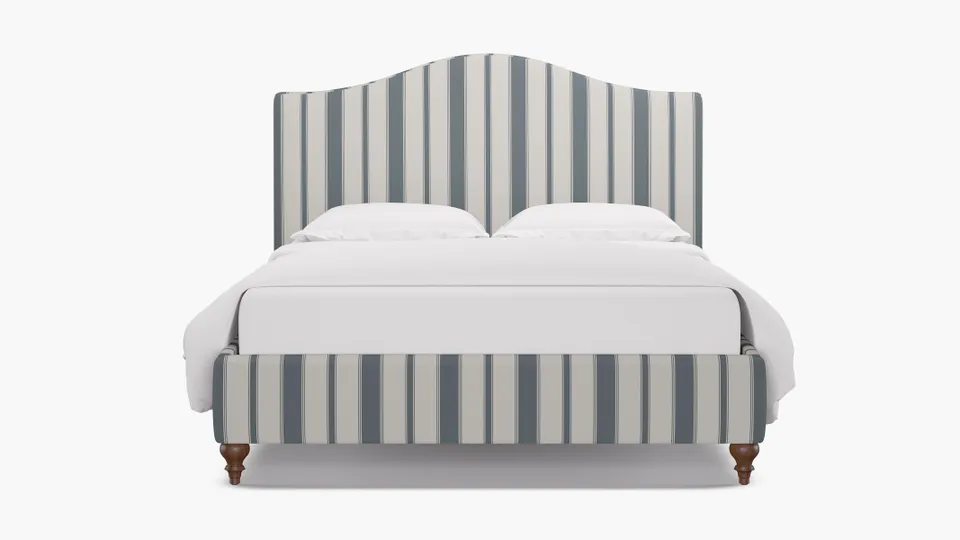 Camelback Bed, French Blue Clarence Stripe, Walnut Traditional Turned Leg, Twin