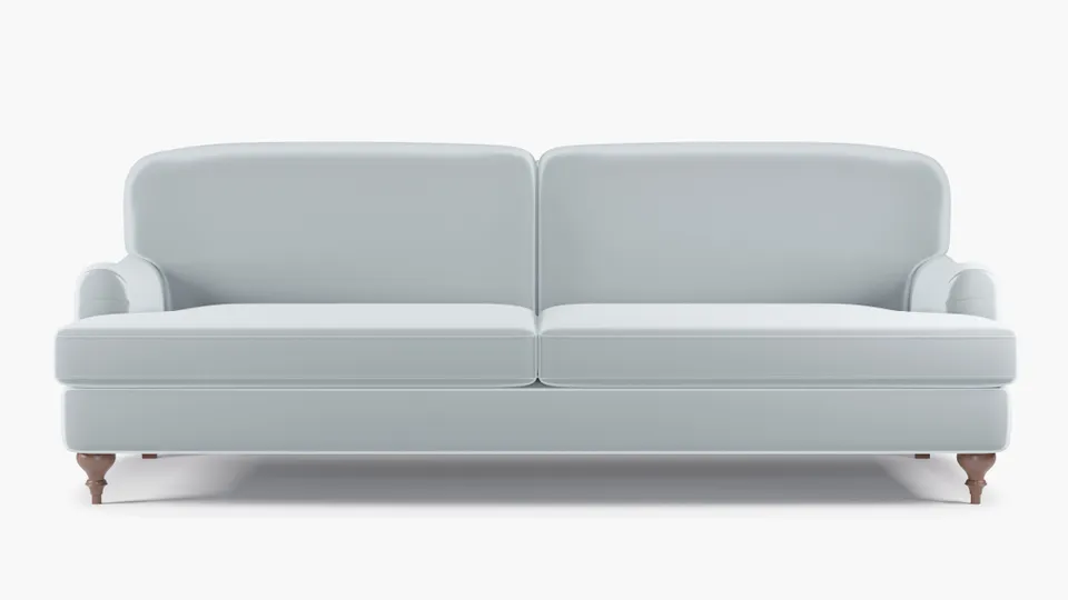 English Roll Arm Sofa, Sterling Performance Velvet, Walnut Turned Wood Leg