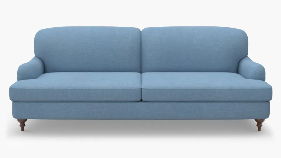 English Roll Arm Sofa, French Blue Everyday Linen, Walnut Turned Wood Leg