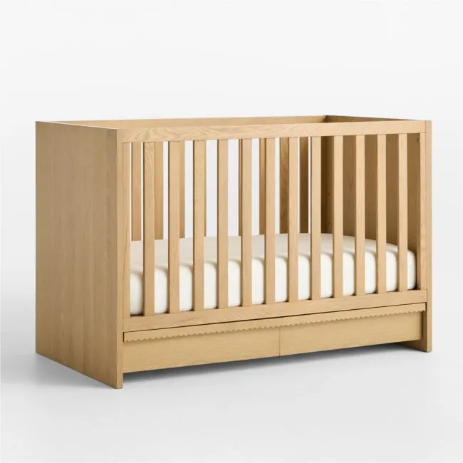 Raya Natural Oak Wood Convertible Baby Crib with Storage and Toddler Bed Rail