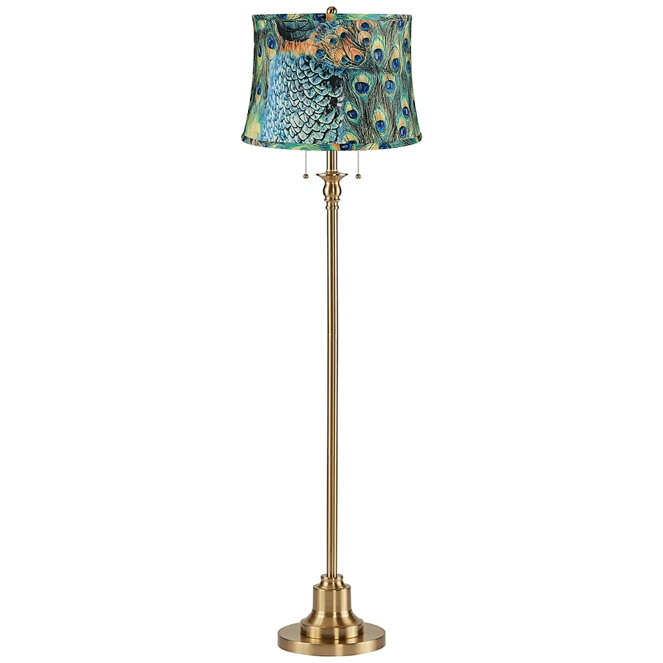 Dyna 58" High Antique Brass and Peacock Drum Shade 2-Light Floor Lamp