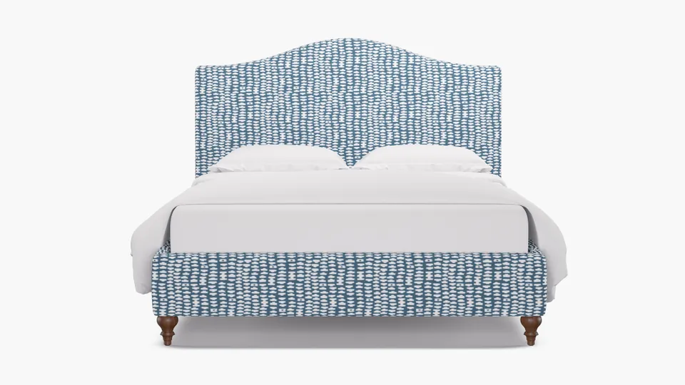 Camelback Bed, Dusty Blue Odalisque, Walnut Traditional Turned Leg, Full