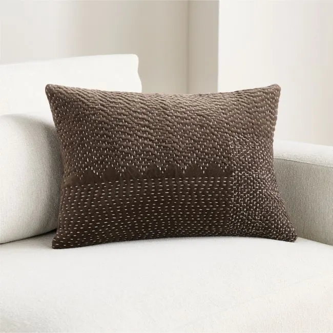 Sashiko Organic Cotton Velvet 22"x15" Deep Brown Throw Pillow Cover