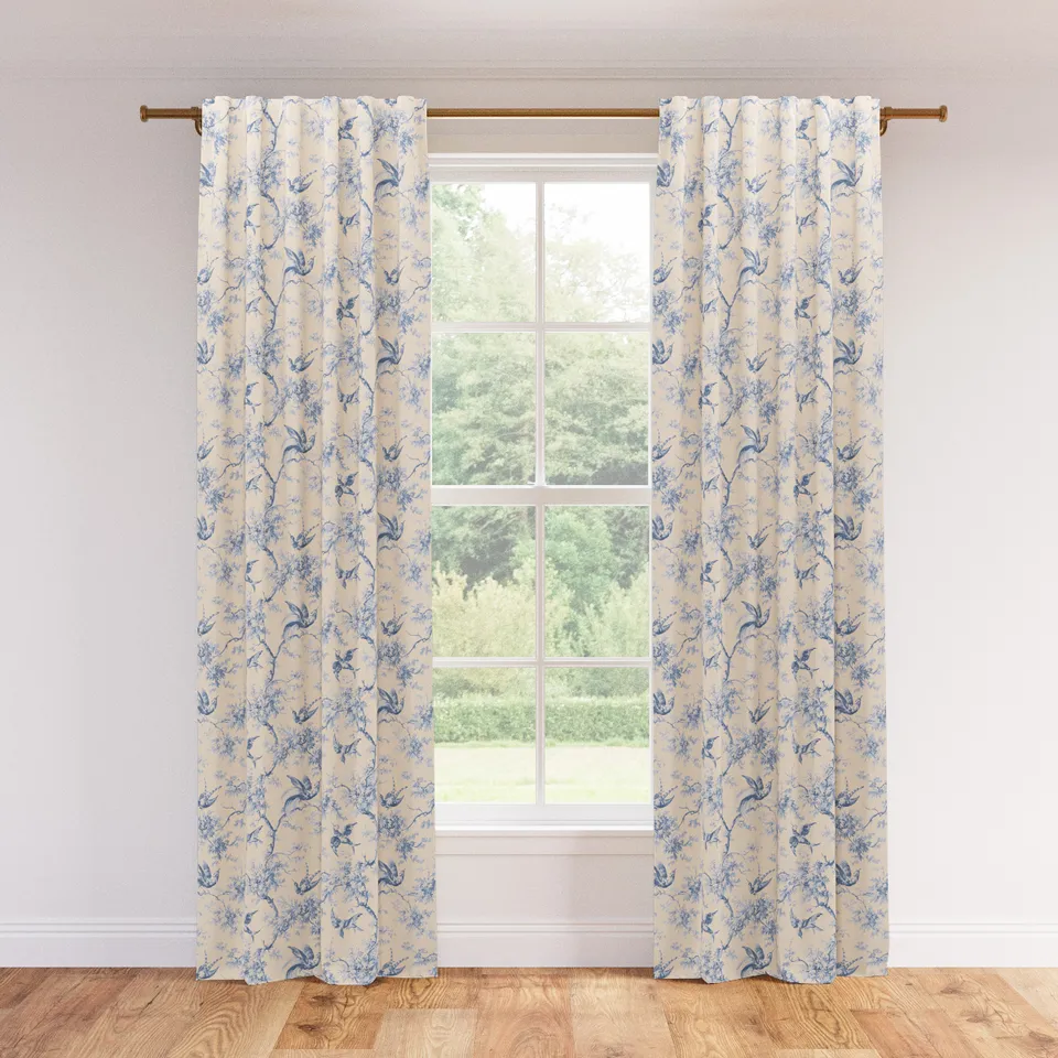 Printed Linen Curtain, Blue Swallows, 50" x 108", Privacy