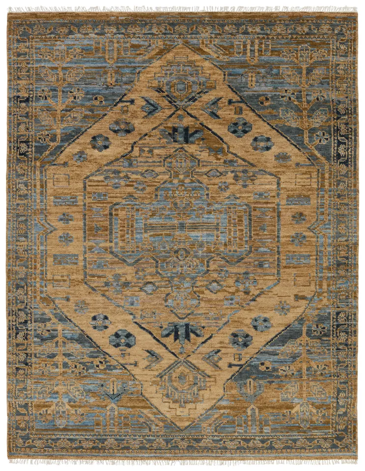 Fontane Hand-Knotted Medallion Tan/ Blue Runner Rug (3'X10')