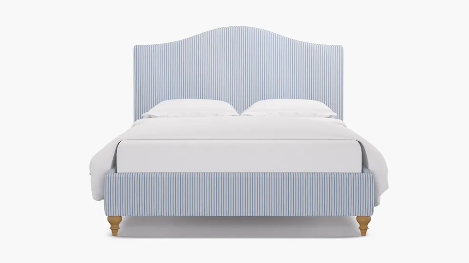 Camelback Bed, Cornflower Classic Ticking Stripe, Natural Traditional Turned Leg, Full
