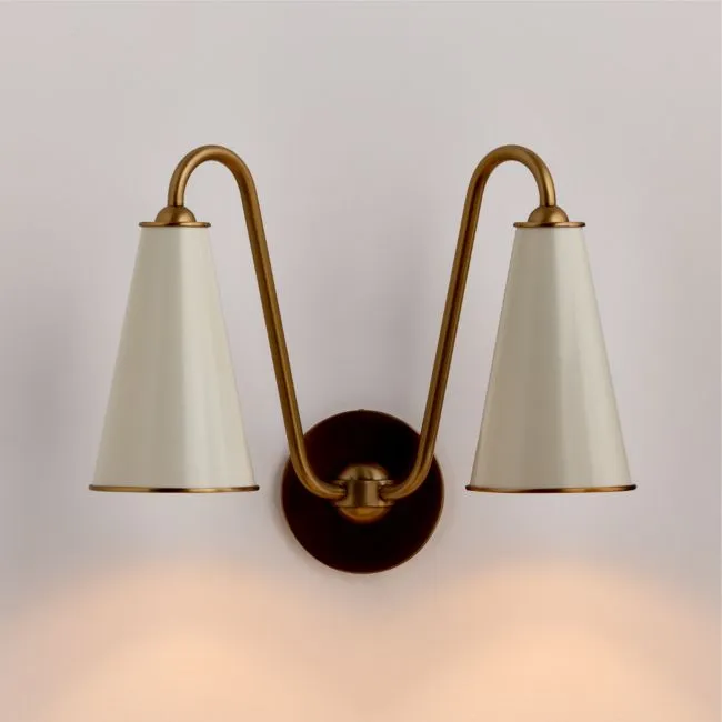 Everton Brass Double Wall Sconce Light with White Metal Shades