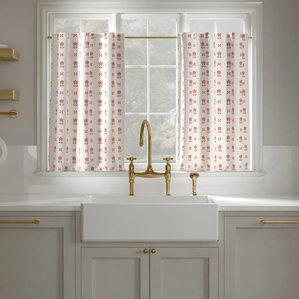 Printed Linen Café Curtain, Coral Mod Fleur, 25" x 30", Unlined