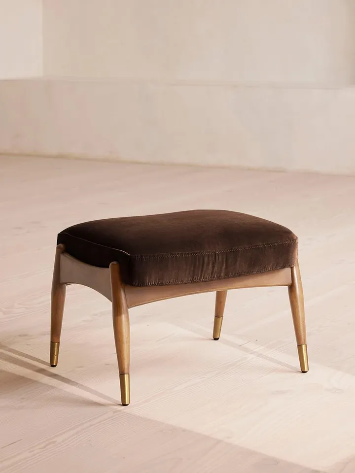 Theodore Oak Footstool, Velvet, Chocolate, US
