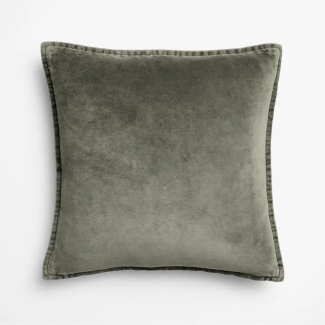 Relaxed Washed Organic Cotton Velvet 20"x20" Shadow Sage Green Throw Pillow with Feather Insert