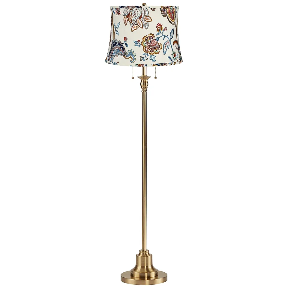 Dyna 58"H Antique Brass and Paisley Floral Shade 2-Light Floor Lamp