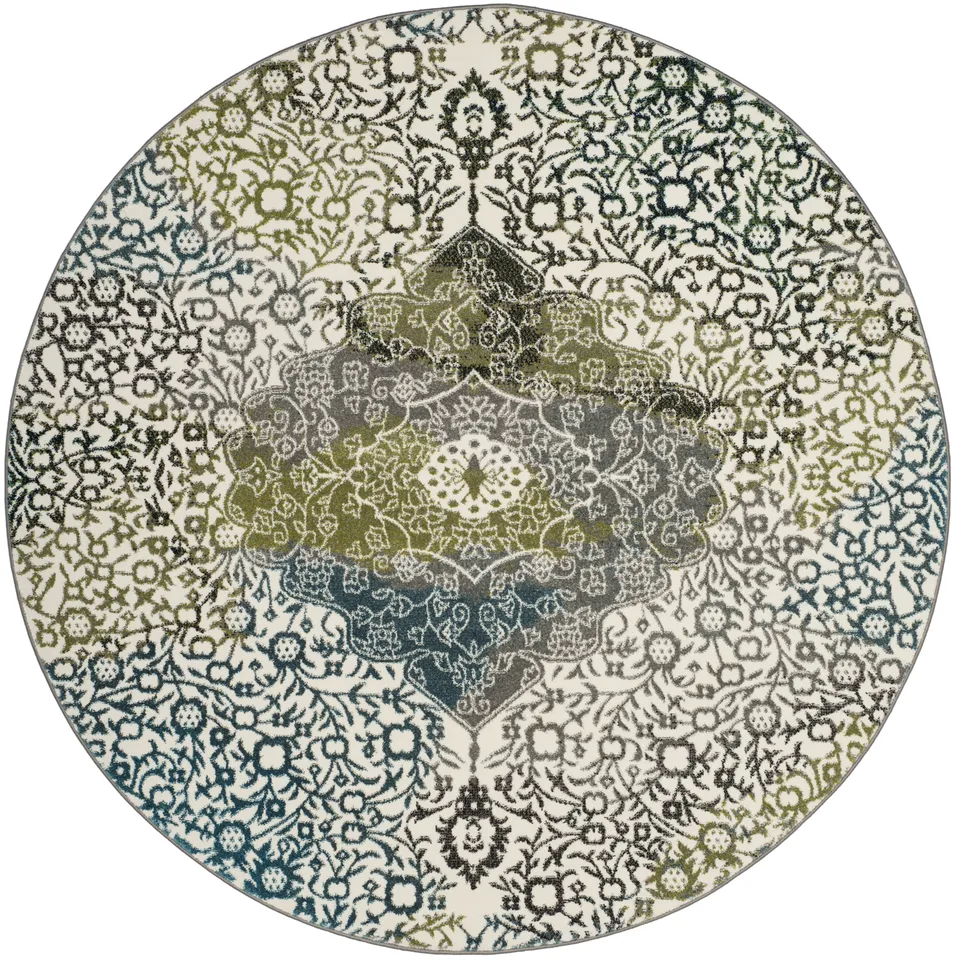 Arlo Home Woven Area Rug, WTC672B, Ivory/Peacock Blue,  6' 7" X 6' 7" Round