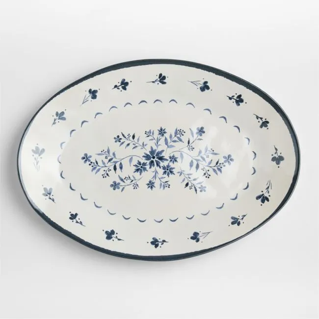 Marin Botanical White and Blue Stoneware Oval Salad Platter