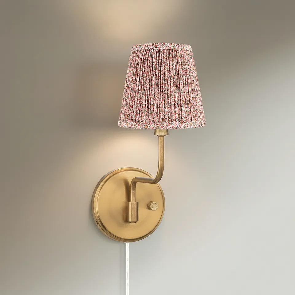 Ophelia 9 1/2"H Warm Brass Plug-In Wall Sconce Pink Floral Shade