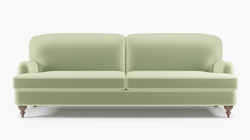 English Roll Arm Sofa, Celadon Performance Plush Velvet, Walnut Turned Wood Leg
