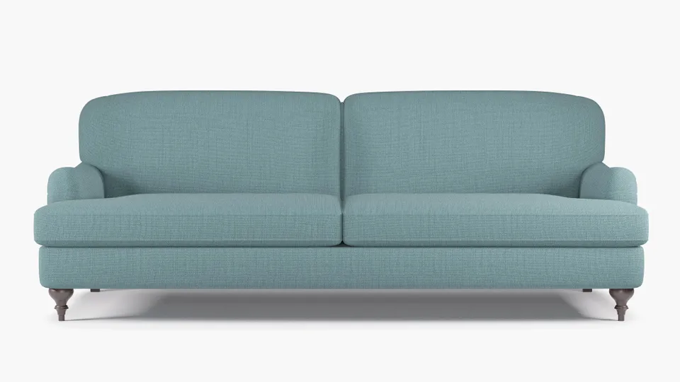 English Roll Arm Sofa, Seaglass Everyday Linen, Espresso Turned Wood Leg