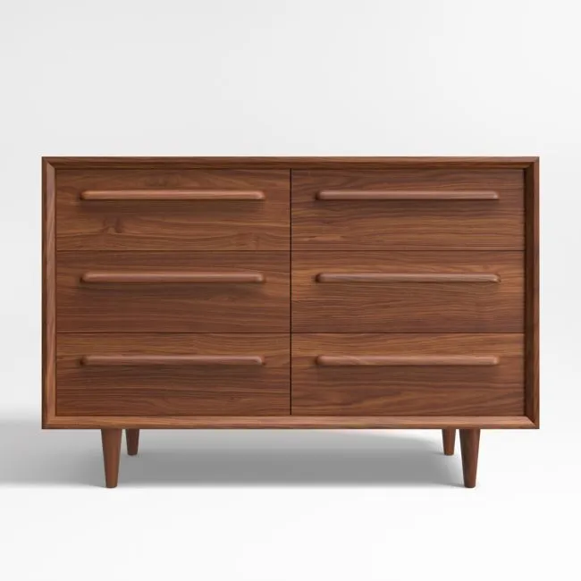 Tatum 52" Walnut Mid-Century Kids Wood 6-Drawer Wide Dresser