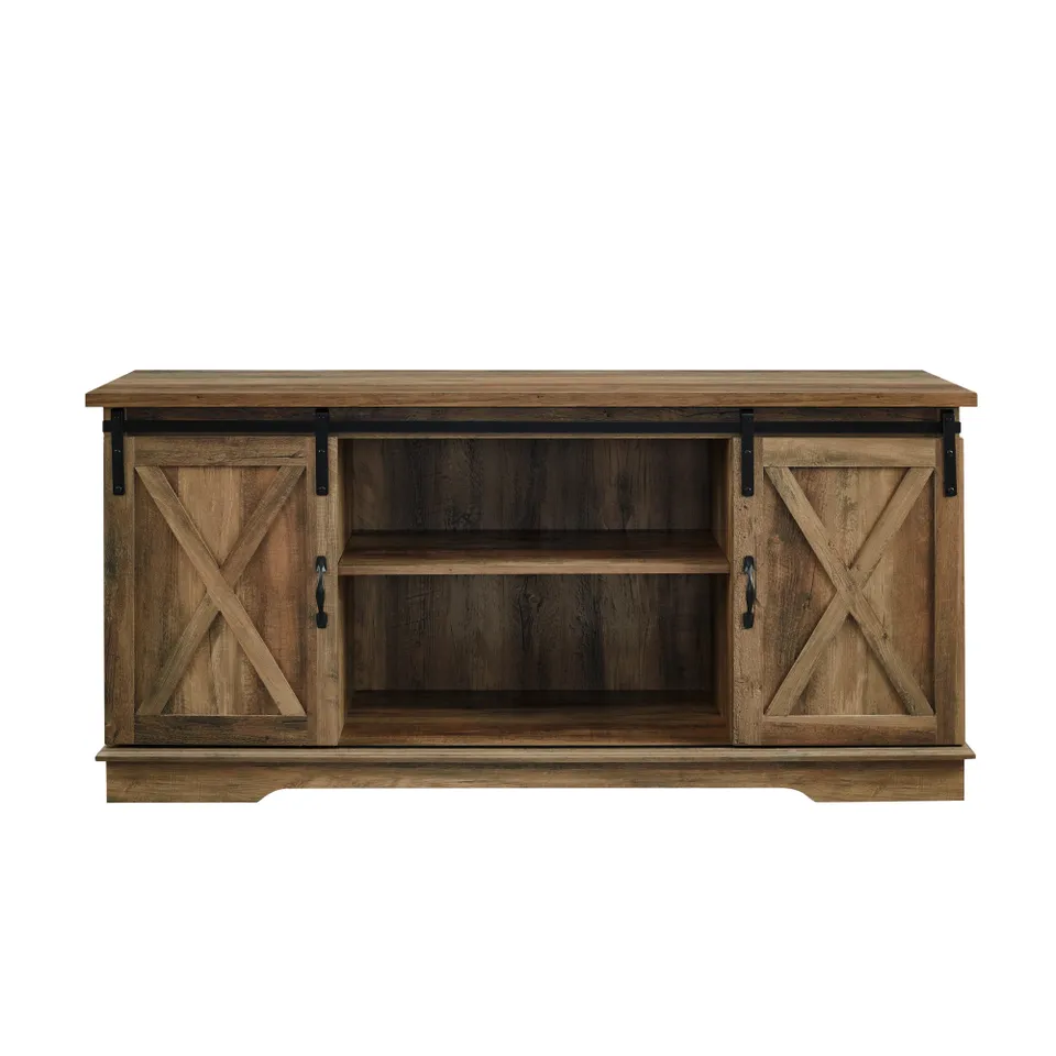 58" Sliding Barn Door Modern Farmhouse Wood TV Stand - Rustic Oak