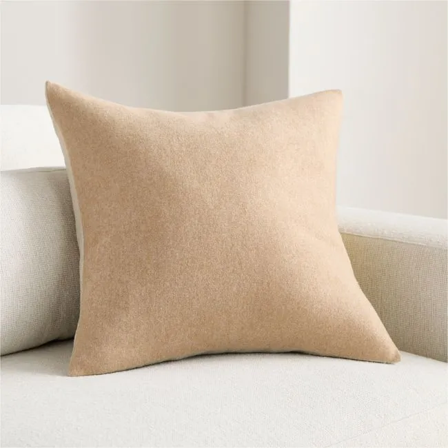 Heathered Wool Blend 20"x20" Camel Tan Throw Pillow Cover with Feather Insert