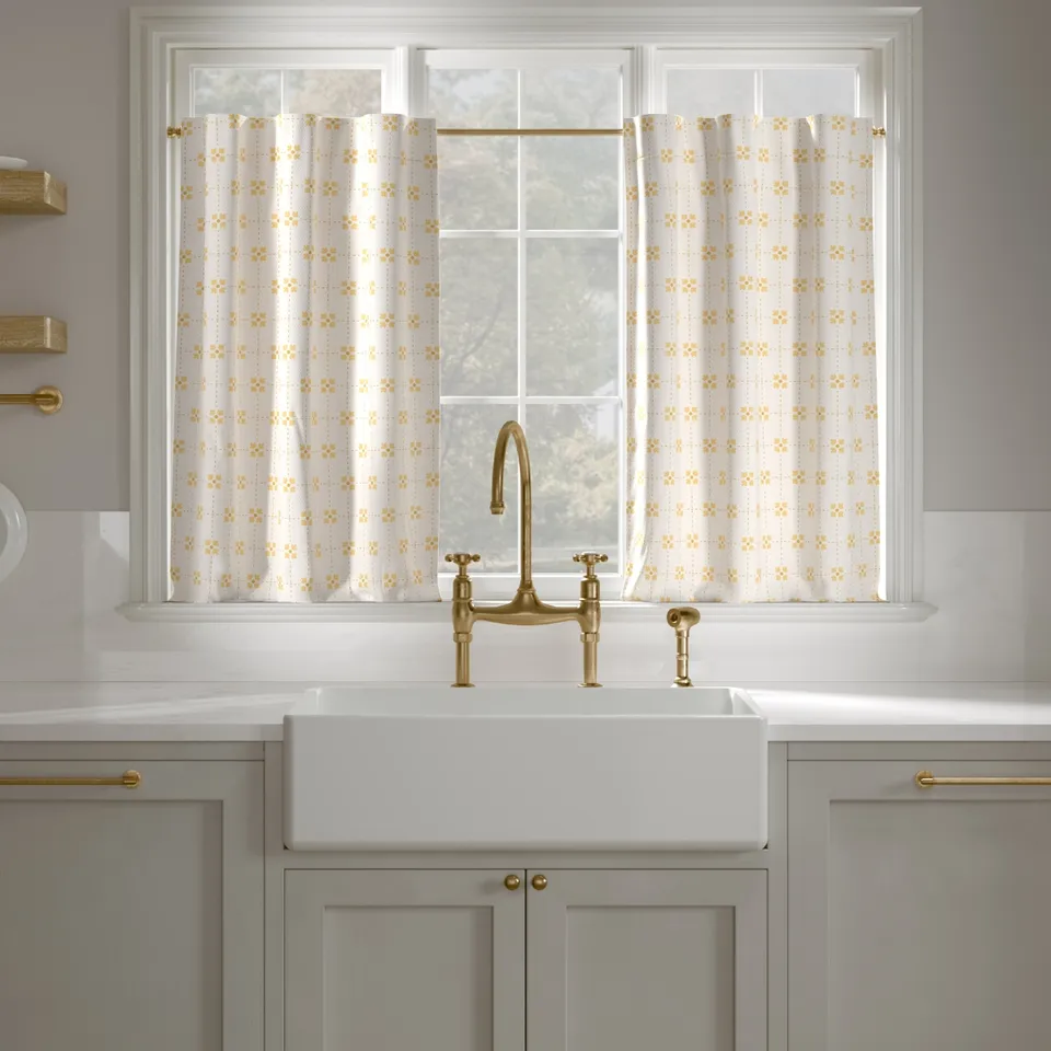 Printed Linen Café Curtain, Buttercup Meadow Check, 25" x 24", Unlined