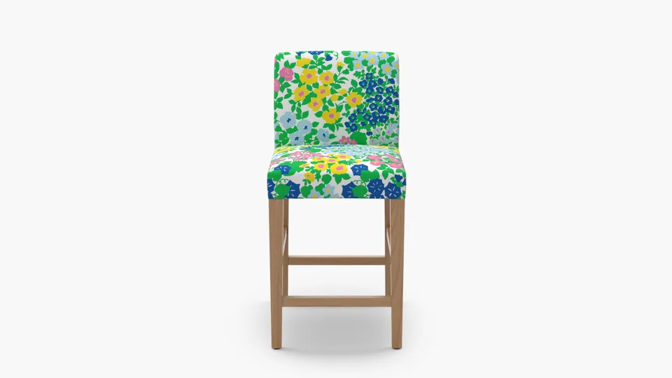Signature Dining Counter Stool, Fuchsia Million Flowers, Natural Square Tapered Leg