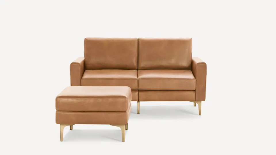 Nomad Leather Loveseat with Ottoman - Camel - Top Grain Leather / Brass - Metal / Block
