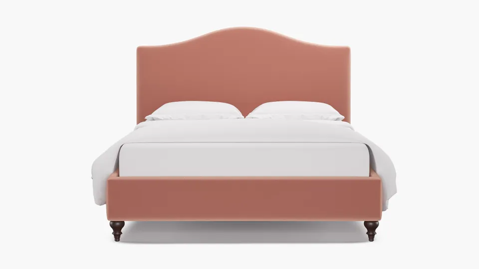 Camelback Bed, Bloom Performance Plush Velvet, Espresso Traditional Turned Leg, Queen