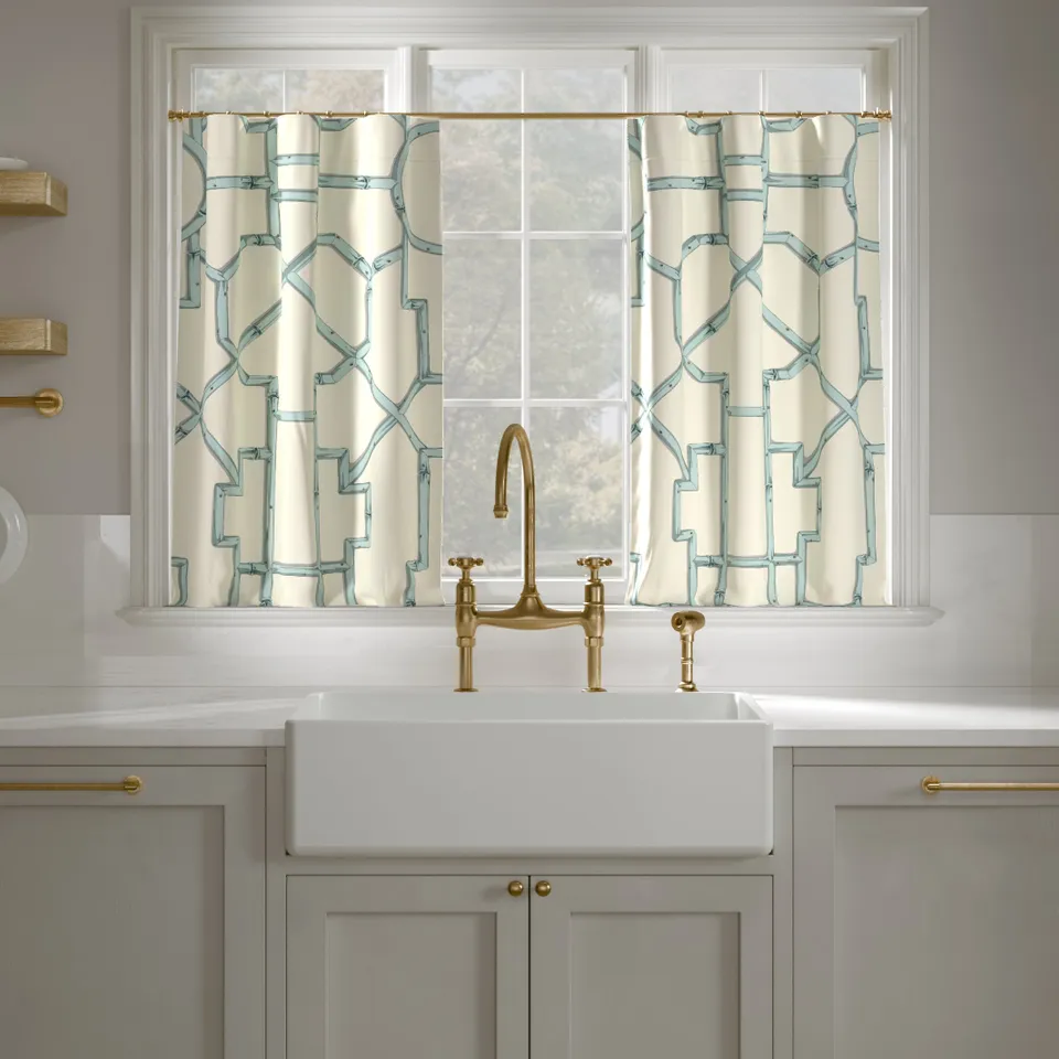 Printed Linen Café Curtain, Blue Baldwin Bamboo, 25" x 36", Unlined