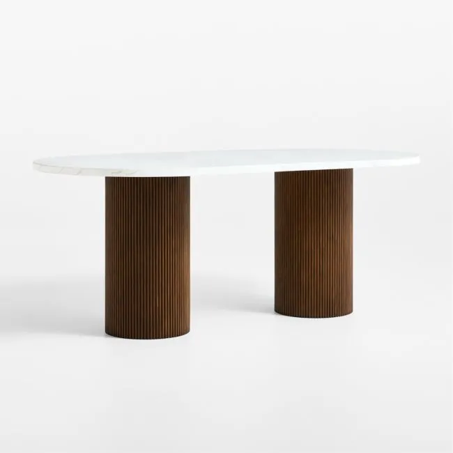 Portico 76" Marble and Warm Brown Oak Oval Dining Table