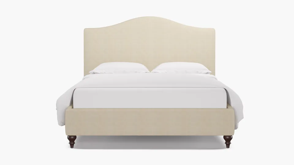 Camelback Bed, Talc Everyday Linen, Espresso Traditional Turned Leg, Twin