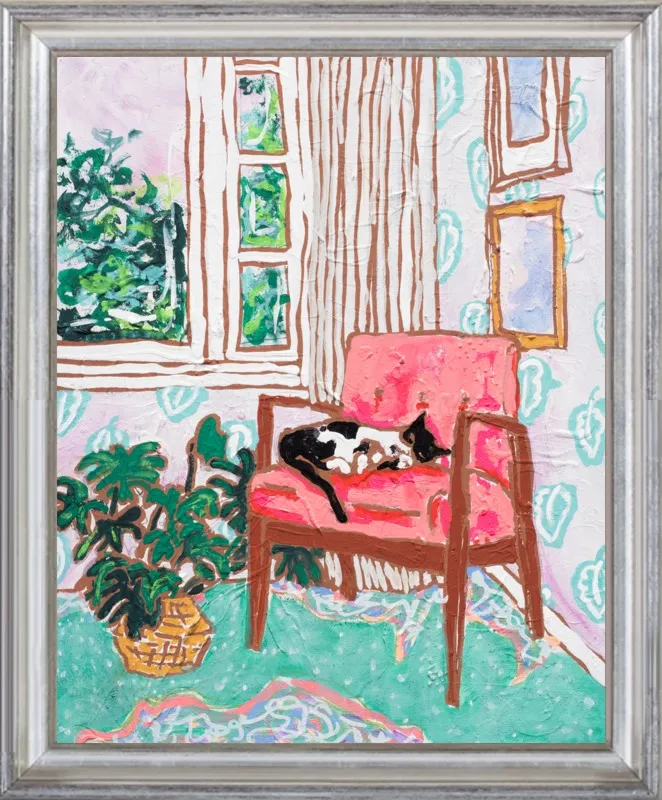 Cat Nap: Tuxedo Cat Napping in Mid-Century Chair by Lara Lee Meintjes for Artfully Walls