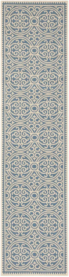 Arlo Home Indoor/Outdoor Woven Area Rug, LND134N, Cream/Blue,  2' X 8'