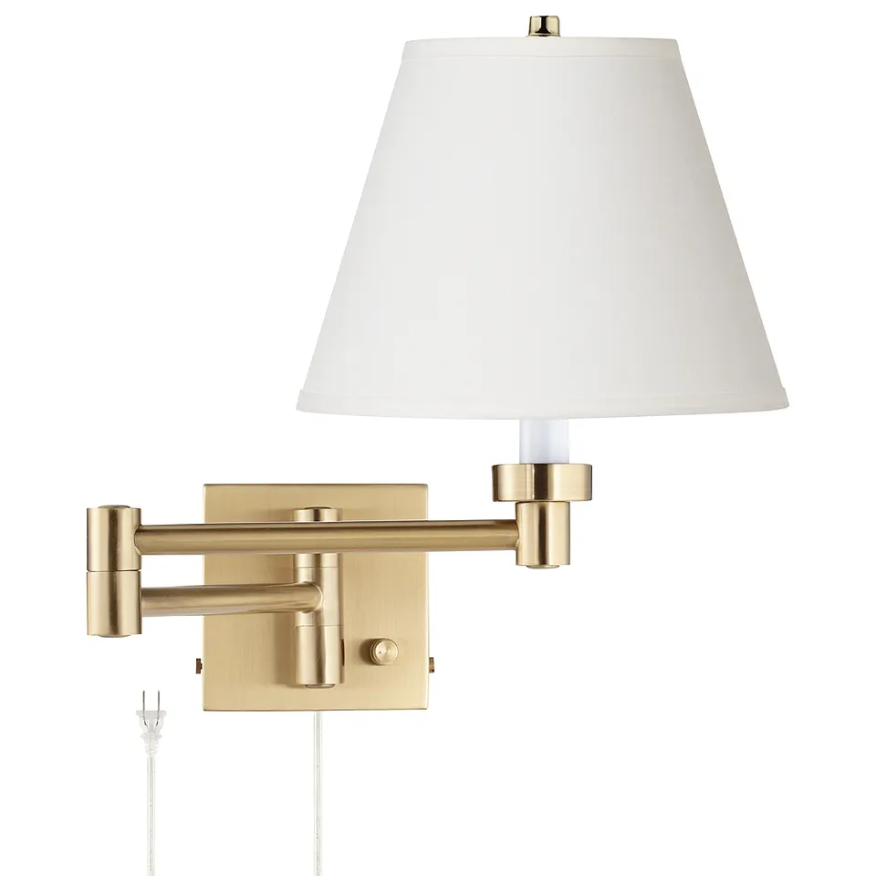 Alta Warm Gold Plug-In Swing Arm Wall Lamp with Off-White Shade