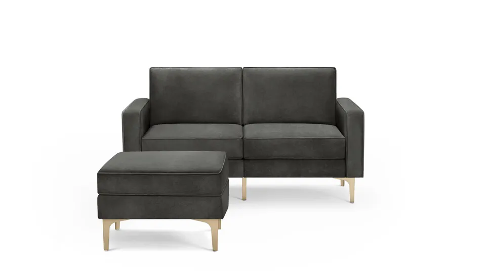 Nomad Velvet Loveseat with Ottoman - Graphite Grey - Performance Velvet / Brass - Metal